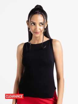 MIXT by Nykaa Fashion - Black Solid Boat Neck Ribbed Top