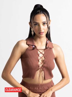 MIXT by Nykaa Fashion - Brown Solid Tie Up Ribbed Tank Top