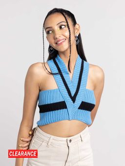 MIXT by Nykaa Fashion - Black And Blue Colorblock Striped Sleeveless Crop Top