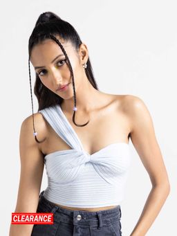 MIXT by Nykaa Fashion - Blue Knotted One Shoulder Ribbed Crop Top