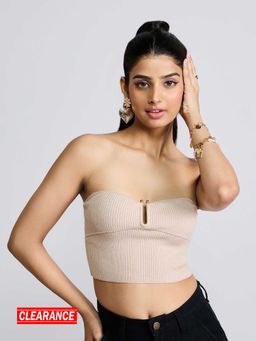 MIXT by Nykaa Fashion - Beige Textured Strapless Sweetheart Neck Crop Top