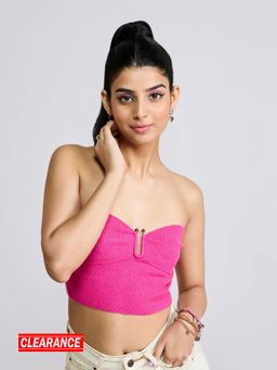 MIXT by Nykaa Fashion - Pink Textured Strapless Sweetheart Neck Crop Top