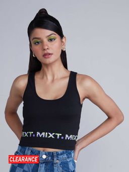 MIXT by Nykaa Fashion - Black Sleeveless Printed Hemline Cropped Tank Top