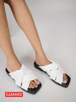 MIXT by Nykaa Fashion - White Square Toe Criss Cross Strap Slider Flats
