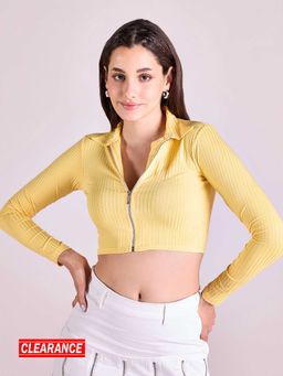 MIXT by Nykaa Fashion - Yellow Stripes Zipped Fitted Full Sleeves Crop Top