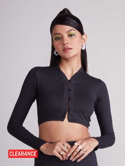 MIXT by Nykaa Fashion - Black Ribbed Full Sleeves Fitted Cropped Cardigan Top