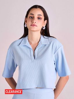 MIXT by Nykaa Fashion - Baby Blue Textured Collared Crop Top