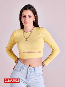 MIXT by Nykaa Fashion - Yellow Ribbed Fitted Full Sleeves Cut Out Crop Top