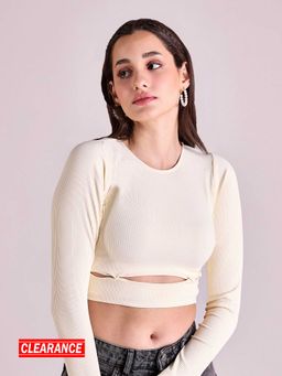 MIXT by Nykaa Fashion - Off White Ribbed Fitted Full Sleeves Cut Out Crop Top