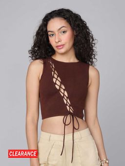 MIXT by Nykaa Fashion - Brown Cut Out Tie Up Round Neck Ribbed Short Tank Top