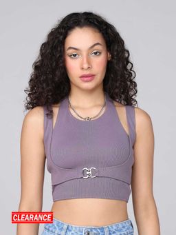 MIXT by Nykaa Fashion - Plum Halter Neck Ribbed Tank Top