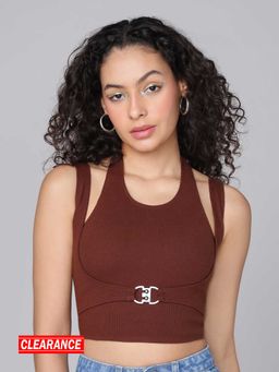 MIXT by Nykaa Fashion - Brown Halter Neck Ribbed Tank Top