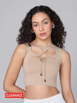 MIXT by Nykaa Fashion - Beige Round Neck Cut Out Ribbed Cropped Tank Top