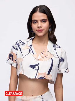 MIXT by Nykaa Fashion - Off White Floral Print Half Sleeves Crop Linen Shirt