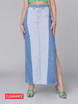 MIXT by Nykaa Fashion - Blue Colorblock High Waist Column Denim Maxi Skirt