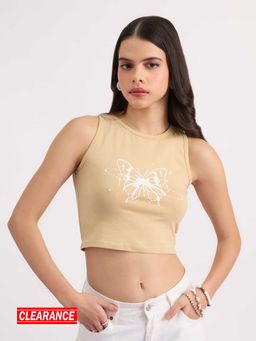 MIXT by Nykaa Fashion - Beige Butterfly Print Round Neck Crop Tank Top