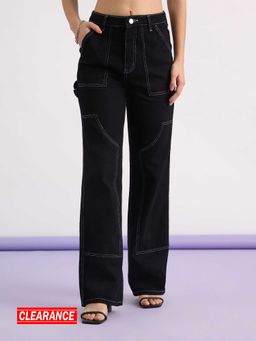 MIXT by Nykaa Fashion - Black Solid High Waist Straight Fit Denims