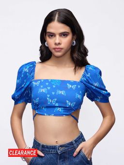 MIXT by Nykaa Fashion - Blue Butterfly Print Puff Sleeves Crop Top