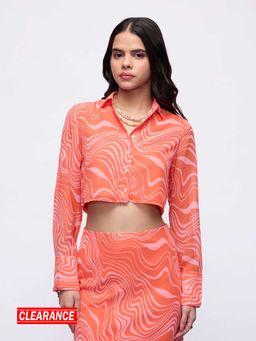 MIXT by Nykaa Fashion - Orange Wave Print Full Sleeves Boxy Crop Shirt