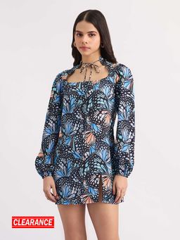 MIXT by Nykaa Fashion - Black And Blue Floral Bishop Sleeves Mini Dress