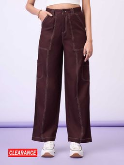 MIXT by Nykaa Fashion - Brown Solid Top Stitch Straight Fit Utility Cargo Trousers