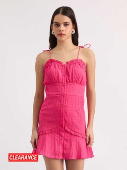 MIXT by Nykaa Fashion - Hot Pink Sweetheart Neck Solid Ruffled Mini Dress