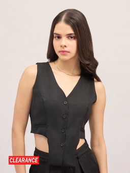 MIXT by Nykaa Fashion - Black Solid V Neck Cut Out Crop Waist Coat