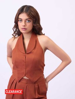 MIXT by Nykaa Fashion - Brown Solid V Neck Shawl Collar Fitted Waist Coat
