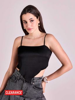 MIXT by Nykaa Fashion - Black Square Neck Asymmetric Strappy Scarf Crop Party Top
