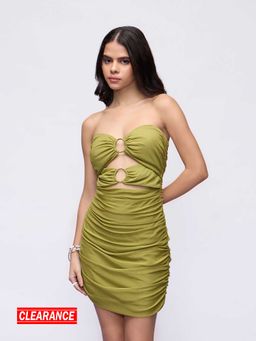 MIXT by Nykaa Fashion - Moss Green Solid Ruched Tube Mini Bodycon Party Dress