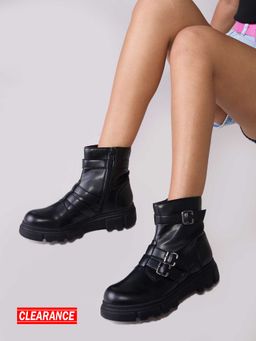 MIXT by Nykaa Fashion - Black Solid Chunky Buckled High Ankle Combat Boots