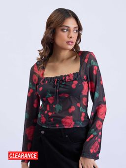 MIXT by Nykaa Fashion - Black and Red Floral Square Neck Full Sleeves Fitted Blouson Top