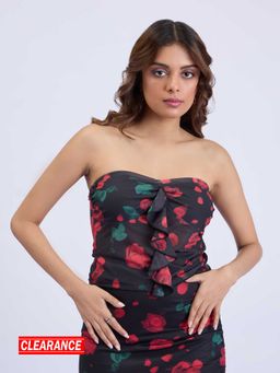 MIXT by Nykaa Fashion - Black and Red Floral Print Ruffled Tube Top
