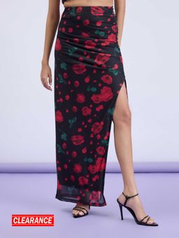 MIXT by Nykaa Fashion - Black and Red Floral Bodycon High Slit Column Maxi Skirt