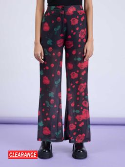 MIXT by Nykaa Fashion - Black and Red Floral Print High Waist Fit and Flare Pants