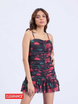 MIXT by Nykaa Fashion - Black and Red Floral Bodycon Ruched Mini Dress