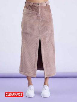 MIXT by Nykaa Fashion - Beige Solid Front Slit Corduroy Straight Fit Maxi Skirt