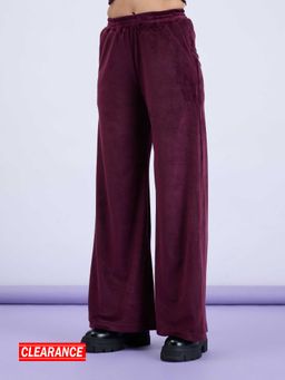 MIXT by Nykaa Fashion - Maroon Solid High Waist Wide Leg Velour Trousers
