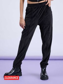 MIXT by Nykaa Fashion - Black Solid High Waist Elasticated Velour Joggers