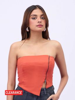 MIXT by Nykaa Fashion - Rust Solid Front Zipper Asymmetric Tube Top