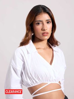 MIXT by Nykaa Fashion - White Solid Full Sleeves Tie Up Crop Shirt