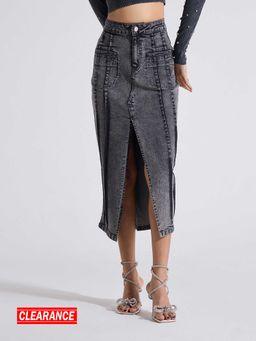 MIXT by Nykaa Fashion - Charcoal Grey Solid Straight Midi Denim Skirt