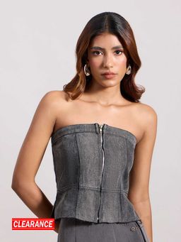 MIXT by Nykaa Fashion - Charcoal Grey Fitted Tube Neck Denim Top