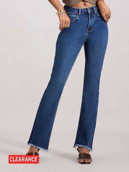 MIXT by Nykaa Fashion - Blue Solid Raw Hem Mid Waist Flared Denim Pant