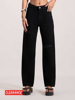 MIXT by Nykaa Fashion - Black Solid Ripped Mid Waist Denim Pant