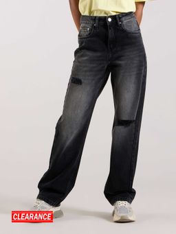 MIXT by Nykaa Fashion - Charcoal Grey Solid Straight Fit Ripped Denim Jeans