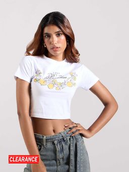 MIXT by Nykaa Fashion - White and Black Graphic Print Round Neck Fitted Short T-Shirt