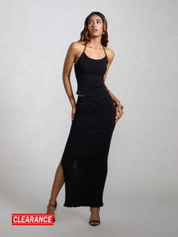 MIXT by Nykaa Fashion - Black Strappy Top High Waist Column Maxi Skirt Co Ord (Set of 2)