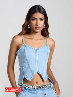 MIXT by Nykaa Fashion - Blue Sweetheart Neck Zipper Washed Fitted Crop Denim Top