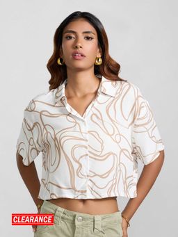 MIXT by Nykaa Fashion - White and Beige Printed Short Sleeves Straight Crop Shirt